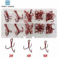 Easy Catch 50pcs/set Treble Fishing Hooks Red Small Short Shank Extra Wide Gap Triple Hard Lure Spoon Fishhooks Set With Box