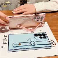 KISSCASE สายรัดข้อมือรักเคสมือจับสำหรับโทรศัพท์มือถือหัวใจสำหรับ Samsung Galaxy S23 S22 S21 S20FE พิเศษ A12 A13 A14 A33 A34 A53 A52 5G เคสซิลิโคนนิ่มเคลือบสุดหรูฝาครอบกันกระแทก