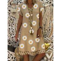 Womens Skirt Sunflower Print Short Sleeve V-Neck Dress