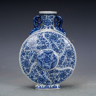 Qing Dynasty Qianlong Porcelain Blue And White Flower Flat Vase Antique Porcelain Antique Jingdezhen Ceramic Ornaments