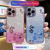 เคสที่ครอบดอกไม้กุหลาบคริสตัลมันวาวเคลือบหรูหราสำหรับ iPhone 15 Pro Max 14 Plus 13 Pro 12 11 XR XS Max 7 8 Plus ฝาเลนส์กล้องถ่ายรูป TPU แบบนิ่มฝาครอบกันกระแทก