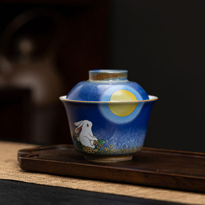 กระต่าย Gaiwan สำหรับชาเซรามิกหม้ออบที่มีฝาปิด T Eaware จีนชามชาสีฟ้าชุดชาพิธีเงิน Chawan ลิลลี่เติ้งของร้านค้า