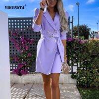 【CC】Spring Womens Temperament Slim Fit Lace-Up Coat Dress Fashion Elegant V-Neck Solid Color Double-Breasted Cropped Sleeve Dresses