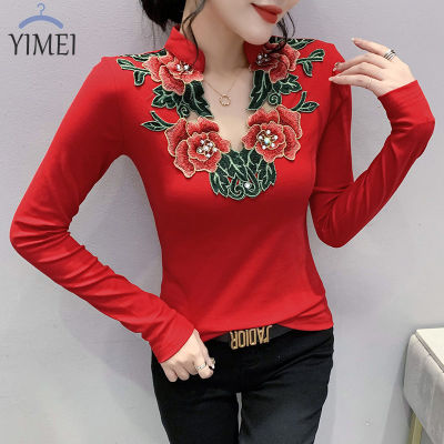YIMEI Fashion design floral pattern hot-stamping diamond womens T-shirt 2023 autumn new red cotton tops fashion bottoming shirt long-sleeved tops