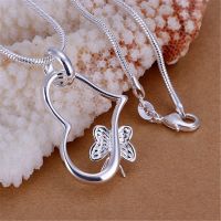 Stamped   Butterfly Silver 925 Plated For Women Necklace Jewelry Silver Jewelry Fashion Cute Heart Pendant Snake Necklace P090 Fashion Chain Necklaces