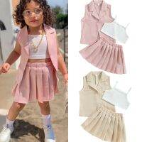 ✲ FOCUSNORM 3-7Y Fashion Little Girl Summer Clothes Sets 3pcs Solid Camisole Elastic Pleated Skirt Sleeveless Jacket Set