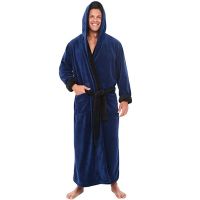 Oeak Mens Bathrobe Flannel Hooded Winter Robe Solid Plush Thick Lengthened Bathrobe Man Homewear Terry Robe Pajama Nightgown