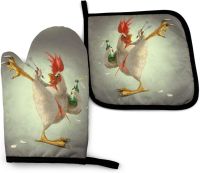 Funny Chicken Oven Mitts and Pot Holders Sets Heat Resistant Kitchen Non-Slip Printed Grip Oven Gloves for Microwave BBQ Cooking Other Specialty Kitch