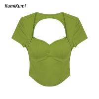 เสื้อยืดสีทึบลำลองขาสั้นแขนสั้น KUMI สำหรับผู้หญิงฤดูร้อน