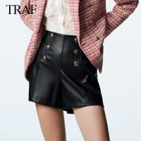 TRAF ZA Leather Pants Womens Pu Artificial Leather British Womens 2021 Vintage Fashion Button Zipper High Waist Shorts Mujer