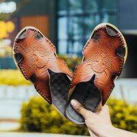 COD ♤☍✈ The Outline Shop27dgsd6gfd Ready Stock Mens Outdoor Cow Leather Sandals Slip-on Men Beach Casual Slippers Kasut Kulit Lelaki Kasual Saiz Besar