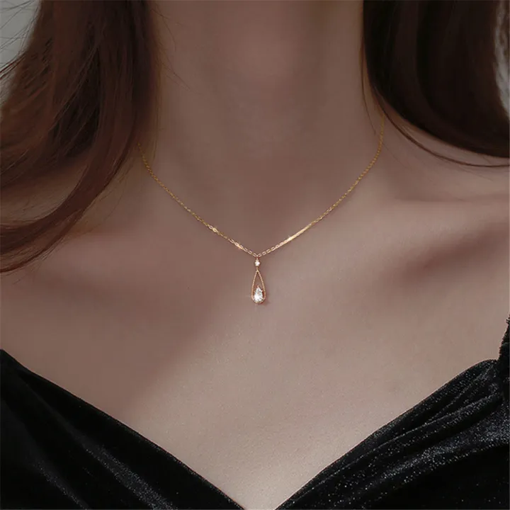 fashion-necklace-simple-clavicle-chain-necklace-french-vintage-necklace-water-drop-necklace-shining-zircon-pendant-necklace