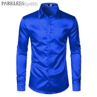 Aolzbiip49h ROYAL BLUE ผ้าไหมซาตินเสื้อผู้ชาย 2023 แบรนด์หรูใหม่ SLIM FIT เสื้อบุรุษงานแต่งงานลำลองชายเสื้อ Chemise