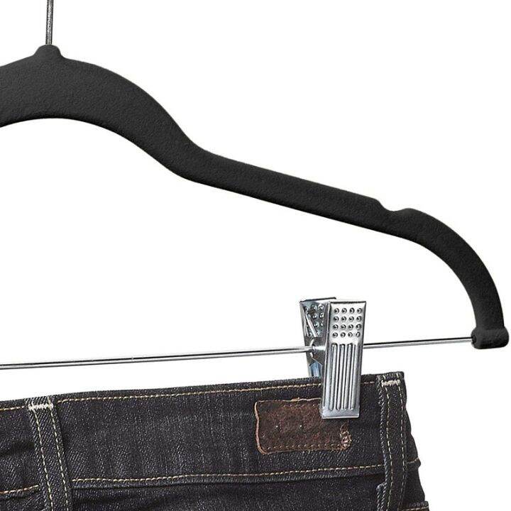 10-pack-clothes-hangers-with-clips-black-velvet-hangers-use-for-skirt-and-clothes-hanger-pants-hanger-ultra-thin-no-slip