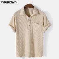 CODHaley Childe INCERUN Men Vintage Corduroy Short Sleeve Lapel Collar Solid Color Fashion Shirts