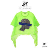 (SIX P.M.) NEON GREEN SEE THROUGH MESH BLOUSE WITH EMBROIDERY / เสื้อตายข่าย หญิง เขียวนีออน ปักลาย Future face / S19