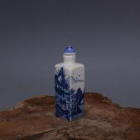 Chinese Blue and White Porcelain Qing Mountain Design Square Snuff Bottle 3.03 quot;