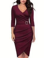 xixibeauty Solid 3/4 Sleeve Bodycon Office Dress, Elegant V Neck Pleated Pencil Dress, Womens Clothing