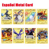 【CW】 Pokemon Gold Card Metal Card Game Anime Battle Pokemon Gold Spanish Kaarten Charizard Pikachu Game Collection Cards Gift Kids