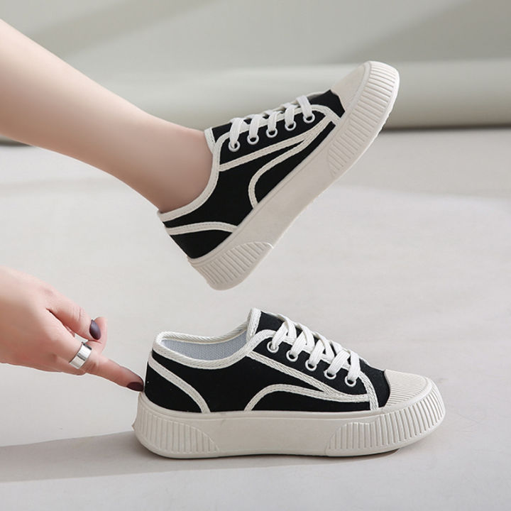 adshopp-รองเท้าผ้าใบ-ทรงบิสกิล-สีดำขาว-ลายสก็อต-งานฮิต-เกาหลีมาก