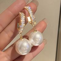 2021 New Korean Style White Pearl Drop Earrings for Women Shiny Rhinestone Temperament Earring Wedding Party Engagement Jewelry