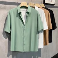 CODAndrew Hearst 【7 Color】High Quality Mens Summer Ice Silk Satin Micro-elastic Short Sleeve Shirt Thin Tops Korean Style Plain Five Point Lapel Collared Polo For Men