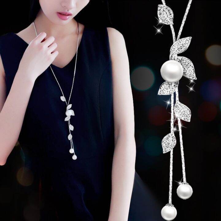 jdy6h-luxury-fashion-leaf-shaped-rhinestones-pearl-pendant-dangle-long-necklace-adjustable-elegant-tassel-sweater-chain-girl-jewelr