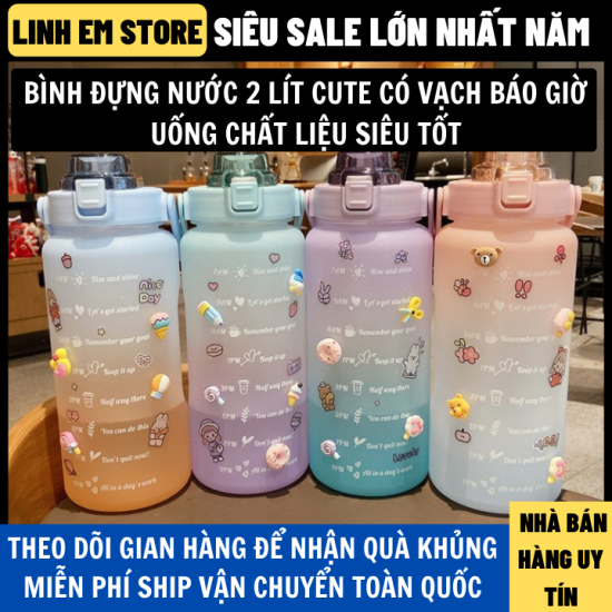 Bình nước cute 2 lít có vạch báo giờ uống nước tiện lợi chất liệu tốt - ảnh sản phẩm 1