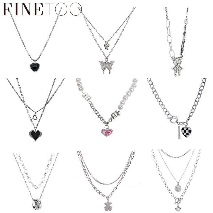 FINE TOO Fashion Silver Chain Necklaces Pearl Butterfly Pendant Heart