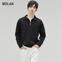 MOLAN เสื้อโปโลผู้ชายเสื้อสวมศีรษะมีซิปผู้ชายทรงหลวมแขนยาวเสื้อกันหนาวแบบบางสไตล์เสื้อโปโลเสื้อยาวปิดถึงก้น