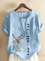 NianMiao Plus Size Casual Top, Womens Plus Dragonfly Print Button Decor Short Sleeve Round Neck T-shirt