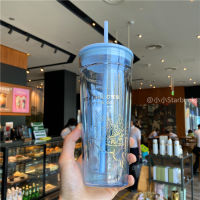 Starbuck Cup 2022ฤดูร้อนใหม่ Carousel Gradient Blue ถ้วยแก้วคู่ถ้วยกาแฟถ้วยน้ำขนาดใหญ่