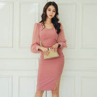 Chiffon stitching slim wrap hip dress with autumn celebrity temperament