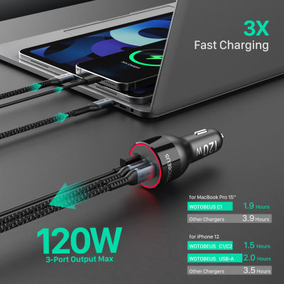 USB C Car Charger 120W, 3พอร์ต PD100W 30W QC5อะแดปเตอร์ไฟแช็กสำหรับ Thinkpad HP Galaxy แล็ปท็อป