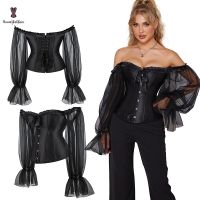 【LZ】♞✷  Espartilho burlesco com mangas compridas fora do ombro para mulheres corselet desossado com renda bustier vitoriano tamanho positivo preto sólido tamanho positivo