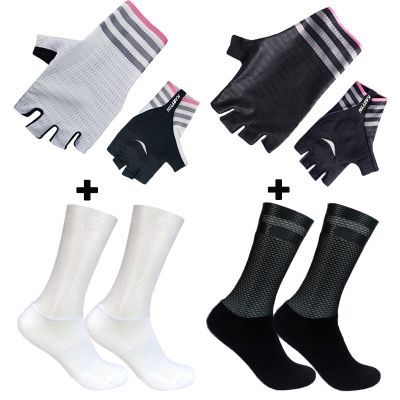 hotx【DT】 Mesh Aero Cycling Gloves Socks Matching Men Sport Breathable Non-slip Shockproof Guantes Ciclismo