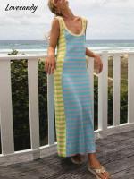 Womens U-Neck Sleeveless Backless Knitted Color Contrast Long Dress Stripeed Maxi Dresses Sp/Summer Casual Fashion Vestidos