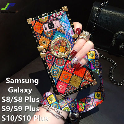 JieFie Blu-Ray สไตล์ชาติพันธุ์เคสโทรศัพท์สำหรับ Samsung Galaxy S8 / S8 Plus / S9 / S9 Plus / S10 / S10 Plus Luxury Square กันกระแทกฝาหลัง + ขาตั้งโทรศัพท์และเชือกเส้นเล็ก