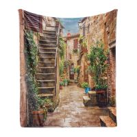 （Contact customer service for customizable blankets）Italian throw blankets look very old, Mediterranean Street stone houses, Italian countryside soft flannel blankets, adult gifts(Coral plush blankets in stock)