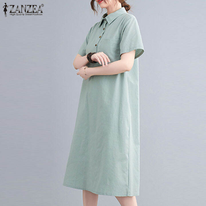 manbei-zanzea-ชุดเดรสผ้าฝ้ายแขนสั้นผู้หญิงขนาดใหญ่-baggy-midi-dress