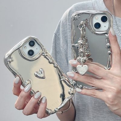 Korea Y2K Star Silver plating 3D Heart Chain Strap Phone Case For iPhone 14 13 12 11 Pro Max X XS XR 7 8 Soft Shell Cover Gift