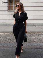 Fashion Black Bat Sleeved Cotton Linen Jumpsuit Elegant Casual Womens Straight Bodysuit Summer Chic Loose Commuter Street Wear