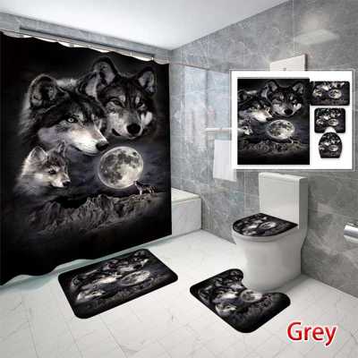 3D Printing Wolf Forest Style Shower Curtain Set Waterproof Pedestal Rug Toilet Cover Bath Mat Bathroom Decor