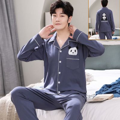 MUJI High quality pajamas mens spring autumn and winter pure cotton cardigan long-sleeved teenager students Korean version cartoon large size home clothes set