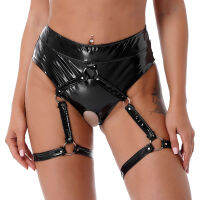 สตรีเซ็กซี่กางเกงเงาสิทธิบัตรหนัง Crotchless ชุดชั้นใน O แหวนขา Garter s กางเกงแปลกใหม่สำหรับ Rave Party Clubwear