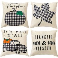 Fall Pillow Covers, 18X18 Inch Buffalo Check Plaid Pumpkin Throw Pillow Cases for Fall Decorations, Thanksgiving Decors