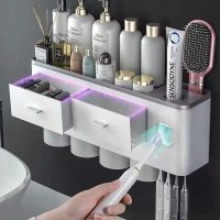 Punch-Free Toothbrush Holder with Magnetic Tape 2/3/4 Cup Makeup Rack Automatic Toothpaste Squeezer Dispenser Bathroom Accessory [NEW]