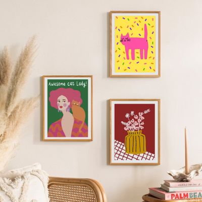 โมเดิร์นบทคัดย่อผนังศิลปะโปสเตอร์และภาพพิมพ์ผ้าใบภาพวาดรูปภาพสำหรับห้องนั่งเล่นตกแต่ง-แฟชั่นสาวแมวดอกไม้แจกันกาแฟ