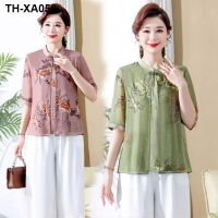 New middle-aged womens western style chiffon small shirt womens thin section mid-sleeved temperament top fashion print fake two-piece T-shirt