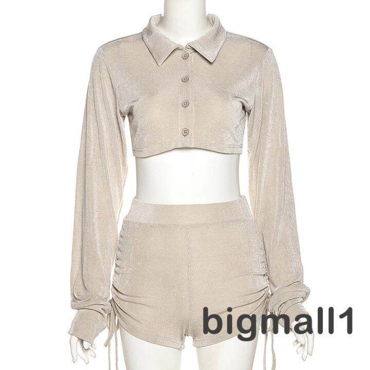 bigmall-เสื้อครอปท็อปแขนยาวลําลอง-คอปก-แต่งกระดุม-และกางเกงขาสั้น-เอวสูง-สําหรับผู้หญิง-2-ชิ้น